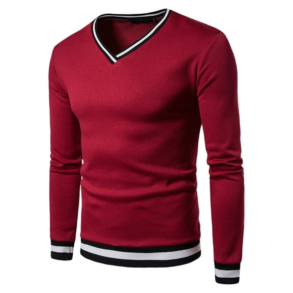 USNSM Men's T-Shirt Casual Fashion Cotton Plain Color Slim Fit Base Shirt V-Neck Long Sleeve Pullover Tees Red 3XL