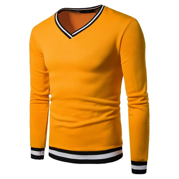 USNSM Men's T-Shirt Casual Fashion Cotton Plain Color Slim Fit Base Shirt V-Neck Long Sleeve Pullover Tees Yellow 2XL