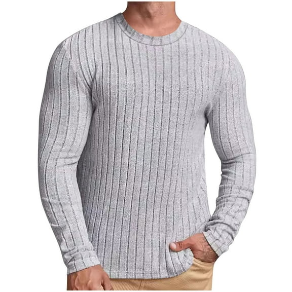 USNSM Men's T-Shirt Casual Fitness Solid Color Ribbed Slim Fit Pullover Shirt Round Neck Long Sleeve Tees Tops Gray L