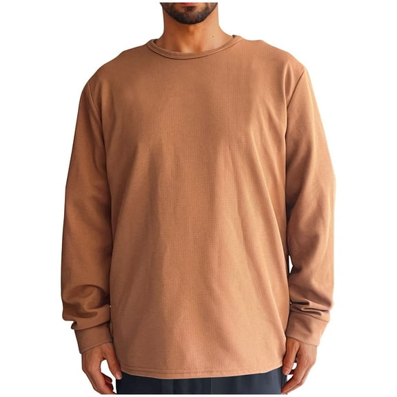 USNSM Men's T-Shirt Loose Fit Solid Color Casual Pullover Shirt Round Neck Long Sleeve Tees Tops Brown M