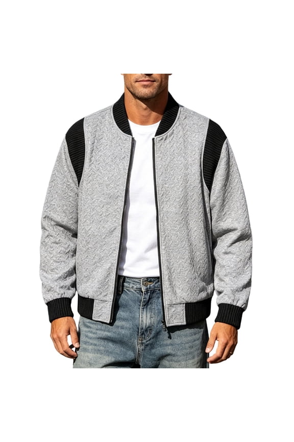 Men's Textured Color-block Ribbed Baseball Collar Zip-up Jackets Lightweight Casual Versatile Bomber Jacket Coat Gray M