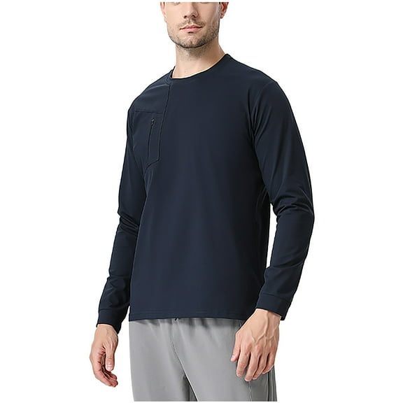 USNSM Men's Thin Shirts Round Neck Long Sleeve Compression Tops Solid Color Loose Comfy Breathable Basic Athletic Training Blouse Dark Blue XXL