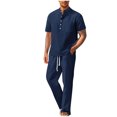 thumbnail image 1 of USNSM Men's Thin Solid Color Cotton Linen Breathable Loose Casual Short Sleeve Long Pants Set Button Top Shirt Set Blue XL, 1 of 3