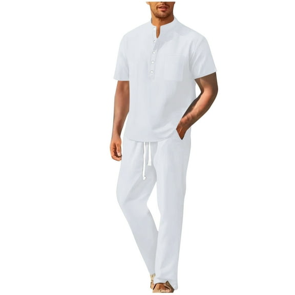 USNSM Men's Thin Solid Color Cotton Linen Breathable Loose Casual Short Sleeve Long Pants Set Button Top Shirt Set White XL