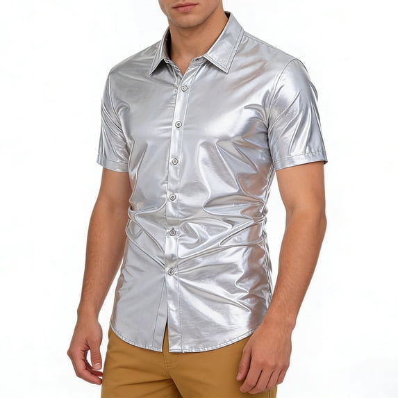 USNSM Men's Trendy Disco Shiny Metallic Gold Short Sleeve Collarred Button Down Shirt Silver M
