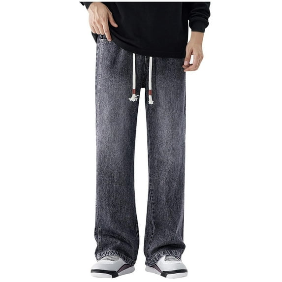 USNSM Men's Trendy Regular Fit Jeans Solid Color Elastic Elastic Waist Tie Straight Denim Pants Lightweight Casual Full Length Pant Gray L