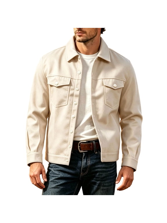 Men's Trucker Jacket Lapel Collar Button Down Multi Pocket Western Work Outerwear Long Sleeve for Fall Spring Beige XL