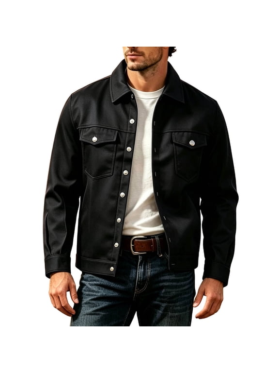 Men's Trucker Jacket Lapel Collar Button Down Multi Pocket Western Work Outerwear Long Sleeve for Fall Spring Black XL
