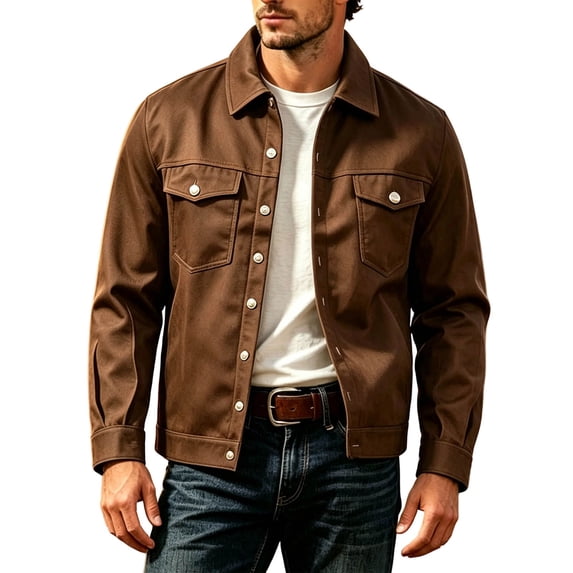 USNSM Men's Trucker Jacket Lapel Collar Button Down Multi Pocket Western Work Outerwear Long Sleeve for Fall Spring Brown L