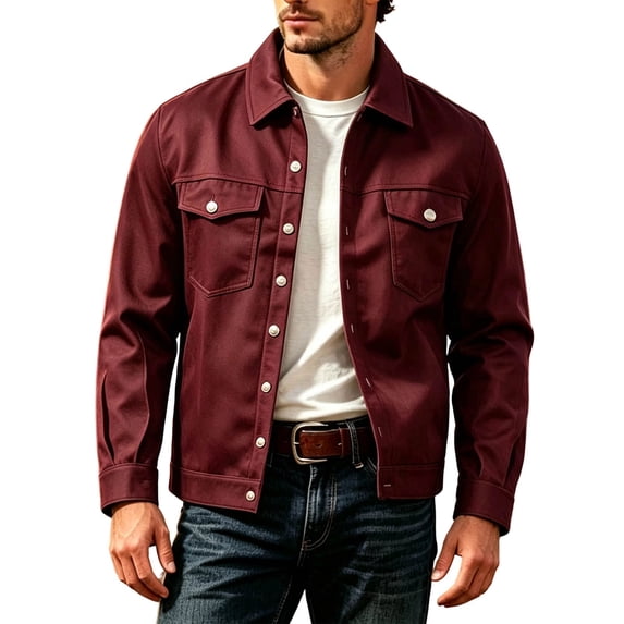USNSM Men's Trucker Jacket Lapel Collar Button Down Multi Pocket Western Work Outerwear Long Sleeve for Fall Spring Red S