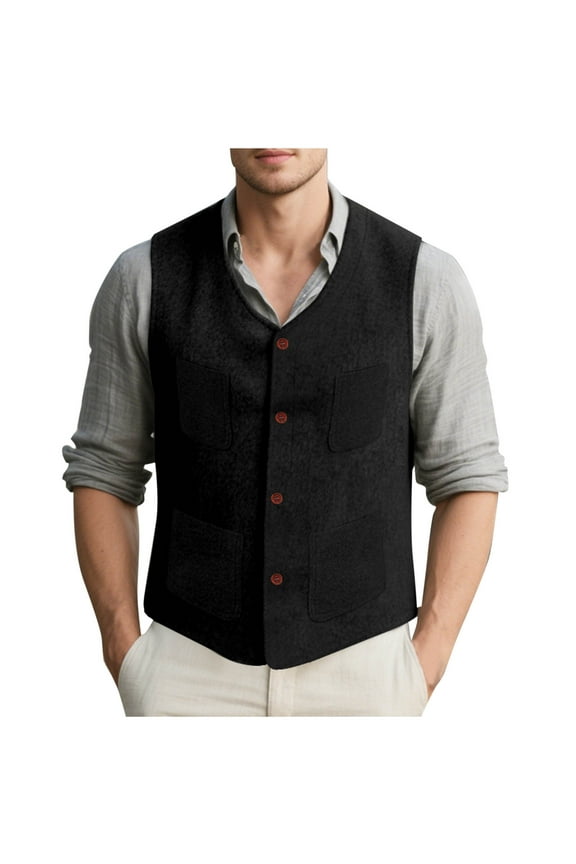 Men's Tweed Single-Breasted Slim V-Neck Suit Vest Jacket Undershirt Buttons Pockets Formal Vest Black XXL