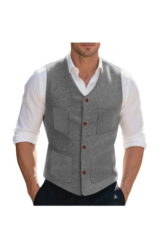 Men's Tweed Single-Breasted Slim V-Neck Suit Vest Jacket Undershirt Buttons Pockets Formal Vest Gray L