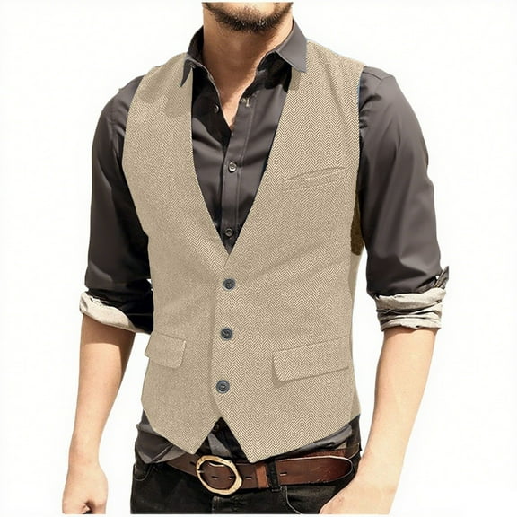 USNSM Men's Tweed Single Breasted Suit Vest Vintage Herringbone Solid Color Sleeveless Party Prom Waistcoat Groomsmen Beige XL