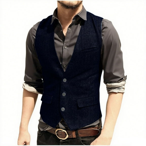 USNSM Men's Tweed Single Breasted Suit Vest Vintage Herringbone Solid Color Sleeveless Party Prom Waistcoat Groomsmen Blue XS