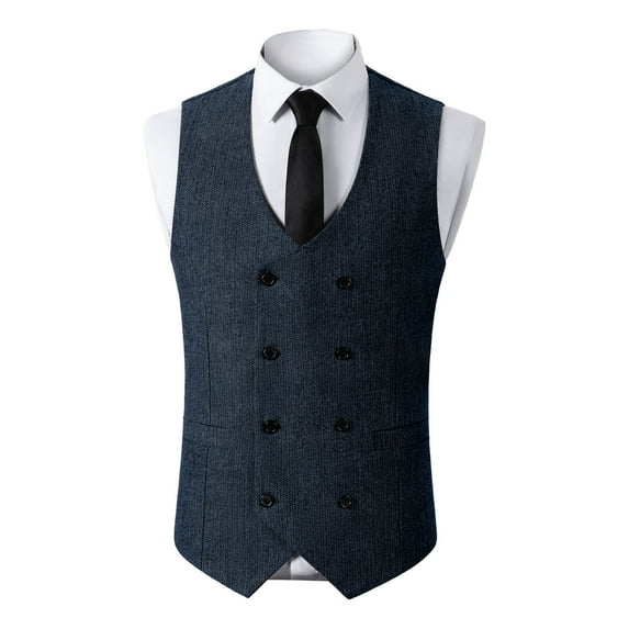 USNSM Men's Tweed Suit Vintage Vest Double Breasted Herringbone Solid Color Sleeveless Party Prom Waistcoat Groomsmen Blue M