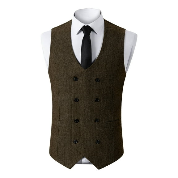USNSM Men's Tweed Suit Vintage Vest Double Breasted Herringbone Solid Color Sleeveless Party Prom Waistcoat Groomsmen Brown XXXL