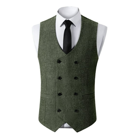 USNSM Men's Tweed Suit Vintage Vest Double Breasted Herringbone Solid Color Sleeveless Party Prom Waistcoat Groomsmen Green XS