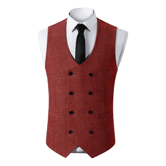 USNSM Men's Tweed Suit Vintage Vest Double Breasted Herringbone Solid Color Sleeveless Party Prom Waistcoat Groomsmen Red L