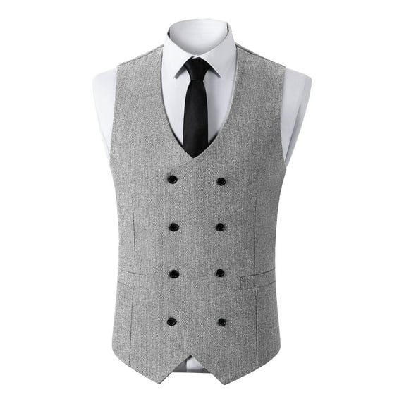 USNSM Men's Tweed Suit Vintage Vest Double Breasted Herringbone Solid Color Sleeveless Party Prom Waistcoat Groomsmen Silver XXL