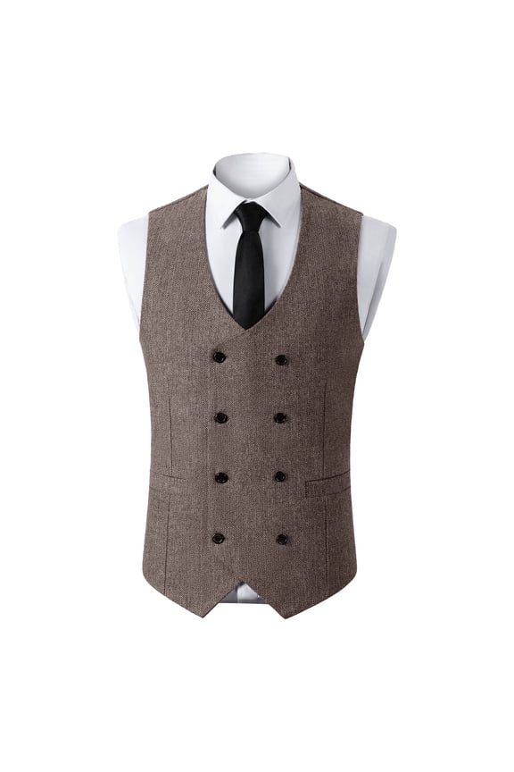Men's Tweed Suit Vintage Vest Double Breasted Herringbone Solid Color Sleeveless Party Prom Waistcoat Groomsmen Yellow XXL
