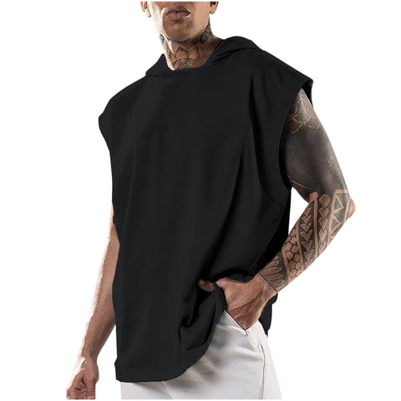USNSM Men's UPF 50+ Hooded Tank Top Sleeveless Hoodies Lightweight Casual Gym Workout Shirts Cooling Muscle Tee Shirt Black XXXL