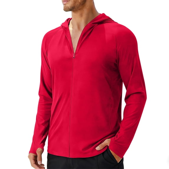 USNSM Men's UPF 50+ Sun Protection Lightweight Full Zip Hoodie Jacket Long Sleeve Outdoor Hiking Breathable Comfort Shirt Red XXXL