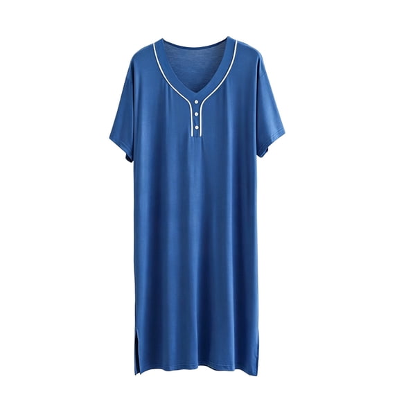 USNSM Men's V-Neck Button Short Sleeve Modal Henley Nightshirt, Soft Loose Comfy Sleepwear Home Robes Breathable Bathrobe Blue L