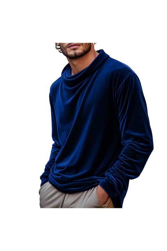 Men's Velvet T Shirts Elegant Vintage Long Sleeve High-Neck Elastic Casual Cowl Neck Pullover Tops Blue XXXL