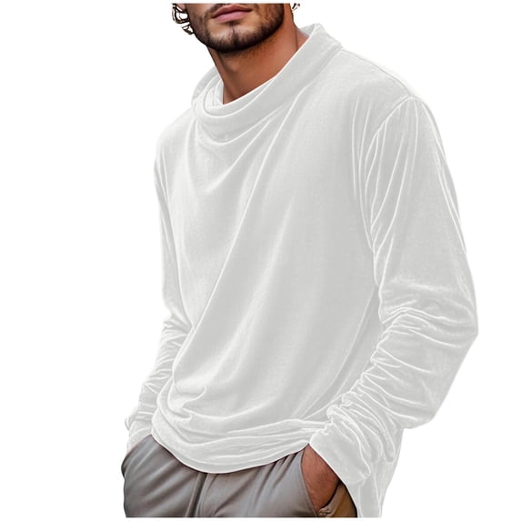USNSM Men's Velvet T Shirts Elegant Vintage Long Sleeve High-Neck Elastic Casual Cowl Neck Pullover Tops White XL