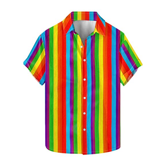 USNSM Men's Vertical Striped Turndown Collar Button Shirt Short Sleeve Summer Color Block Hawaiian Beach Vacation Striped Print Shirts Multicolor L