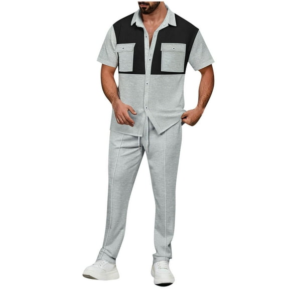USNSM Men's Vintage 2 Piece Set Button Down Shirt Outfit Casual Short Sleeve Lapel Shirt Drawstring Long Pants Sets Gray S