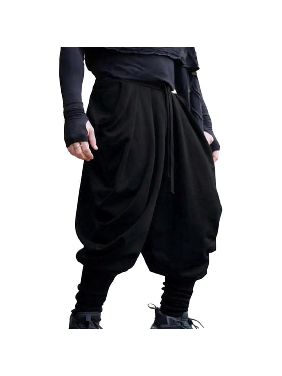 Men's Vintage Baggy Harem Pants Loose Elastic Waist Pocket Drawstring Hippie Pants Streetwear Trousers with Pockets Black XL