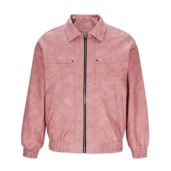 USNSM Men's Vintage Lightweight Suede Jacket Casual Fashion Pockets Zipper Lapel Jacket Windproof Warm Long Sleeve Hoodless Leather Jacket Pink M