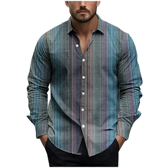 USNSM Men's Vintage Striped Printed Shirt Tops Casual Button Down Shirt Long Sleeve Lapel Shirt Dress Shirts Blue M
