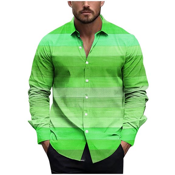USNSM Men's Vintage Striped Printed Shirt Tops Casual Button Down Shirt Long Sleeve Lapel Shirt Dress Shirts Green L