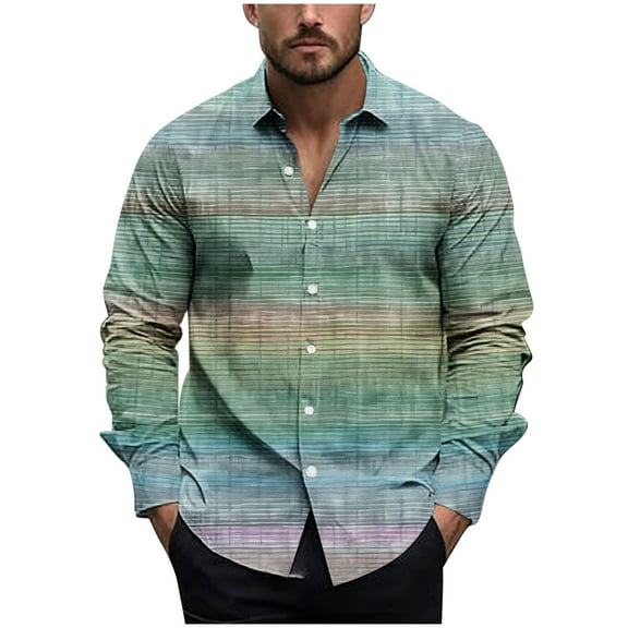 USNSM Men's Vintage Striped Printed Shirt Tops Casual Button Down Shirt Long Sleeve Lapel Shirt Dress Shirts Green S