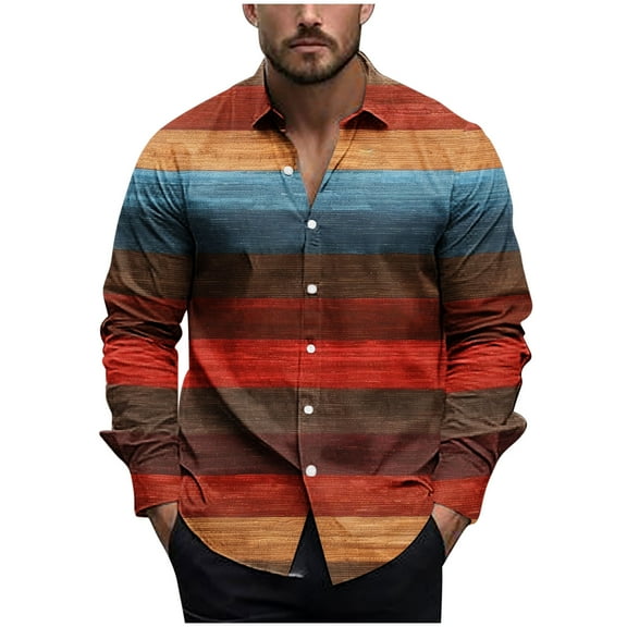 USNSM Men's Vintage Striped Printed Shirt Tops Casual Button Down Shirt Long Sleeve Lapel Shirt Dress Shirts Multicolor XXL