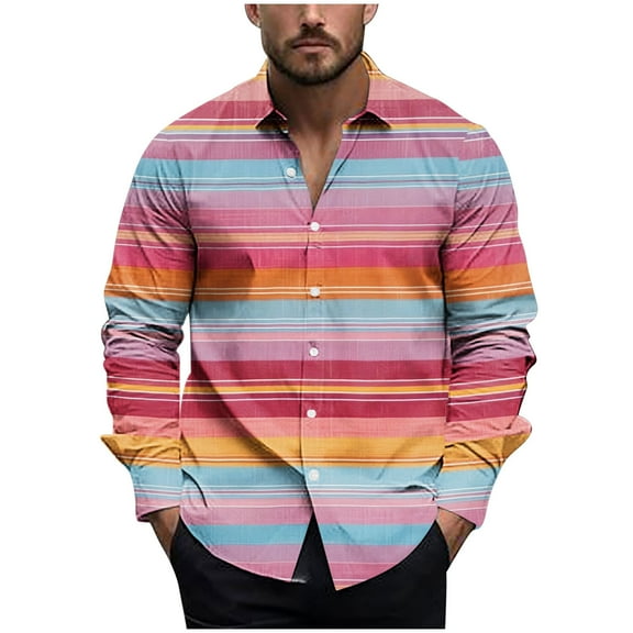 USNSM Men's Vintage Striped Printed Shirt Tops Casual Button Down Shirt Long Sleeve Lapel Shirt Dress Shirts Pink S