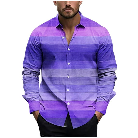 USNSM Men's Vintage Striped Printed Shirt Tops Casual Button Down Shirt Long Sleeve Lapel Shirt Dress Shirts Purple M