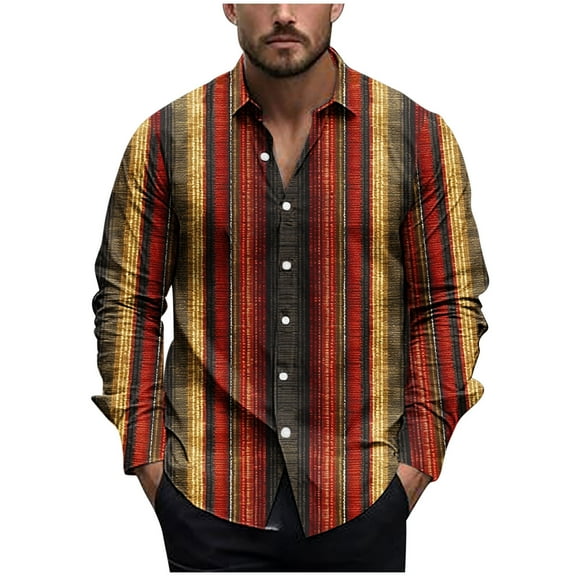 USNSM Men's Vintage Striped Printed Shirt Tops Casual Button Down Shirt Long Sleeve Lapel Shirt Dress Shirts Yellow XXL