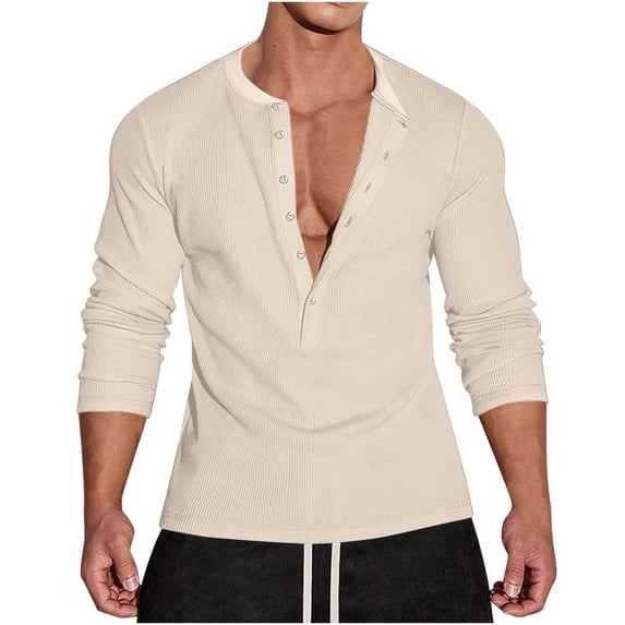 USNSM Men's Waffle Henley Shirts Long Sleeve T-Shirt Stylish Casual V-neck Button Placket Slim Fit Tee Thermal Underwear Beige L