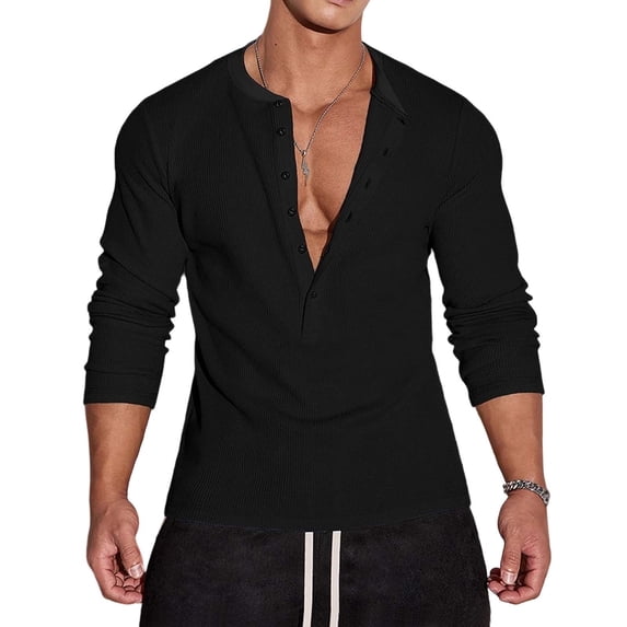 USNSM Men's Waffle Henley Shirts Long Sleeve T-Shirt Stylish Casual V-neck Button Placket Slim Fit Tee Thermal Underwear Black XL