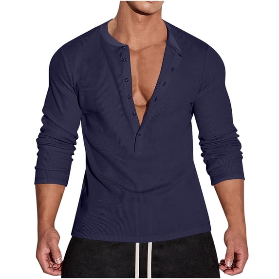 USNSM Men's Waffle Henley Shirts Long Sleeve T-Shirt Stylish Casual V-neck Button Placket Slim Fit Tee Thermal Underwear Blue XXL
