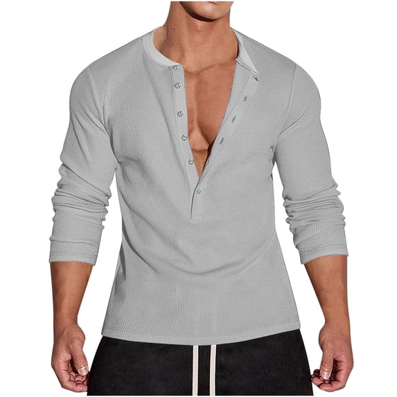 USNSM Men's Waffle Henley Shirts Long Sleeve T-Shirt Stylish Casual V-neck Button Placket Slim Fit Tee Thermal Underwear Gray L