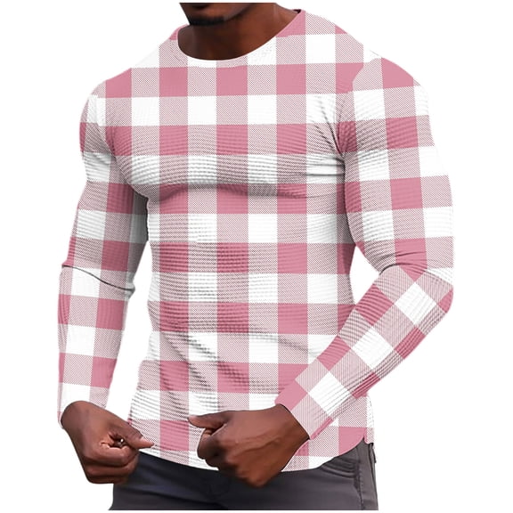 USNSM Men's Waffle Long Sleeve Plaid Shirts, Crew Neck Thermal Underwear Tops Loose Casual Pullover T-shirt Sports Knit Undershirts Pink XXL