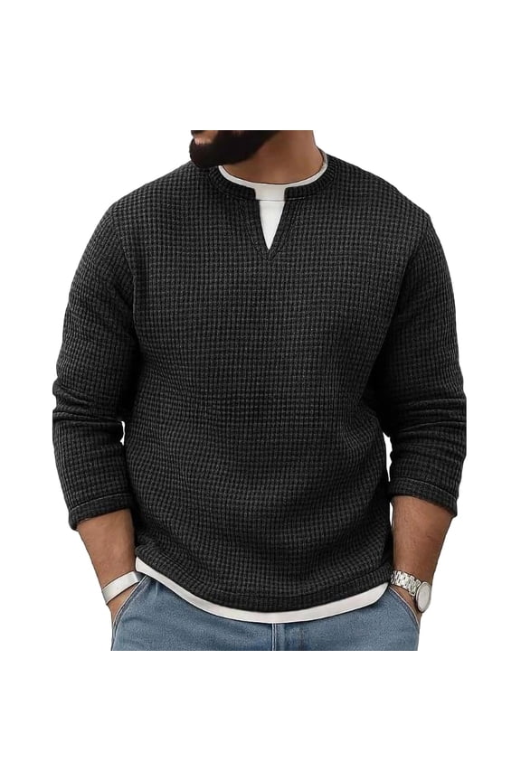 Men's Waffle Long Sleeve Shirts 2 in 1 V Neck Thermal Undershirt Base Layer Tops Winter Knit Pullover Sweaters Black XXL