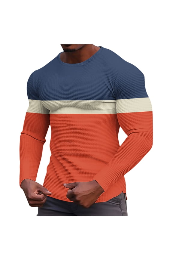 Men's Waffle Long Sleeve Shirts, Crew Neck Thermal Underwear Tops Loose Casual Pullover T-shirt Sports Knit Undershirts Orange XXXL