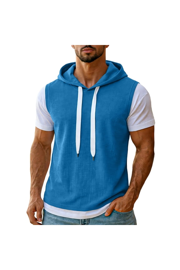 Men's Waffle Short Sleeve Hoodie Summer Athletic Hooded Sweatshirts Casual Breathable Color Block Pullover Tops for Running Blue XXXL