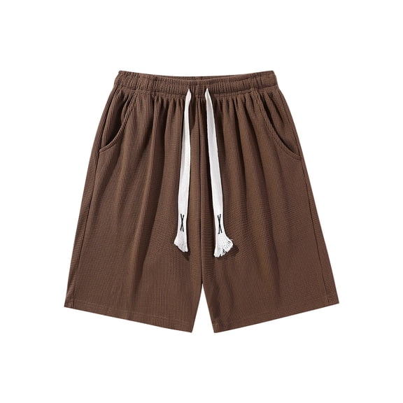 USNSM Men's Waffle Solid Color Casual Short Loose Comfort Breathable Elastic Waist Pocket Athletic Straight Shorts Coffee L