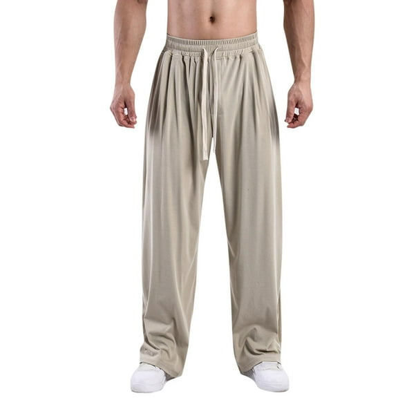 USNSM Men's Wide Leg Pants Casual Fitness Loose Solid Full Length Joggers Drawstring Elastic Waist Straight Leg Sweatpants with Pockets Khaki L